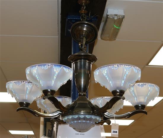 A 1930s French bronzed metal and opalescent glass light fitting